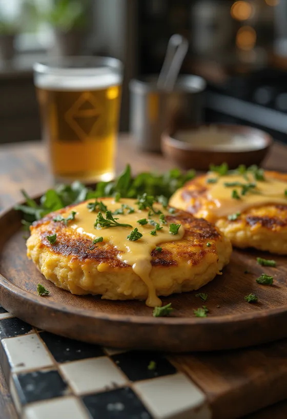 Welsh rarebit cu bere servit, în sos de brânză, pe pâine prăjită