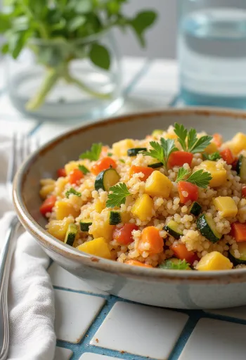 Bulgur cu legume, servit cu bucăți de ardei proaspăt, roșii și dovlecel