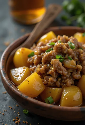 Adobo cu cartofi, carne condimentată și cartofi crocanți serviți