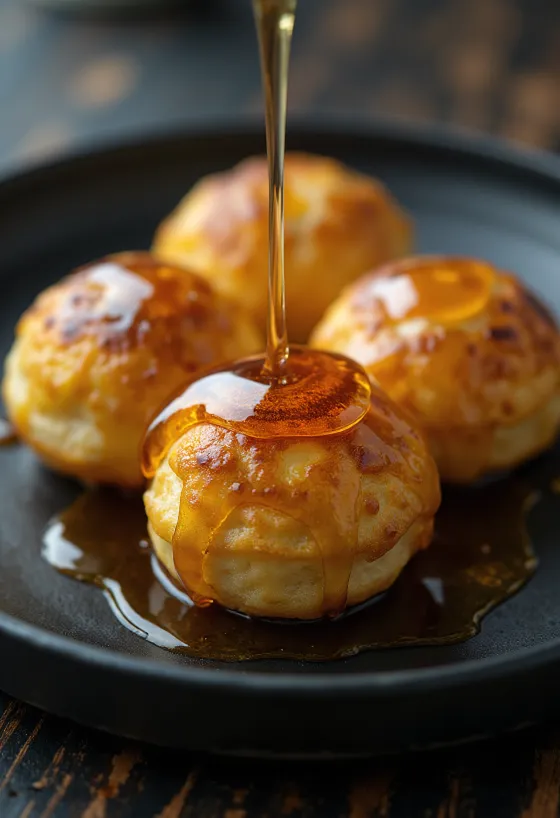 Æbleskiver cu sirop de arțar, prăjituri proaspete, aurii, servite cu sirop de arțar