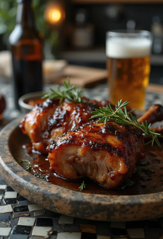Ciolan afumat BBQ cu marinadă de bere servit