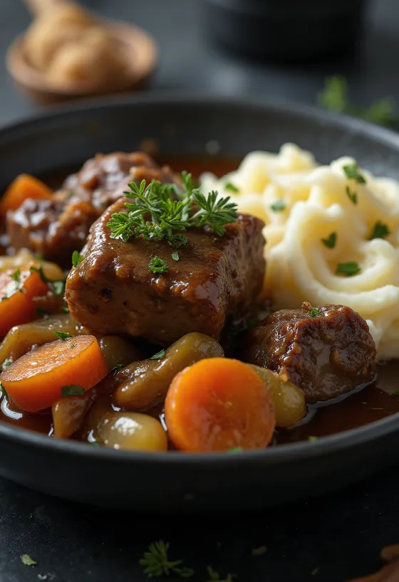 Lamb shoulder stew servit într-un bol rustic
