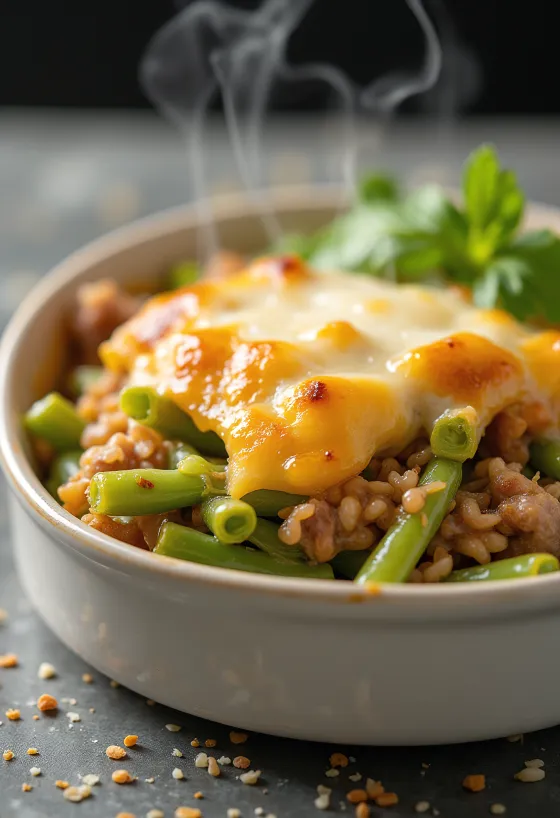 Fasole verde stratificată cu smântână proaspătă și brânză prăjită deasupra.