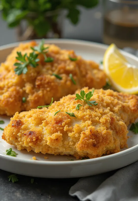 Piept de pui pane prăjit auriu, servit cu salată