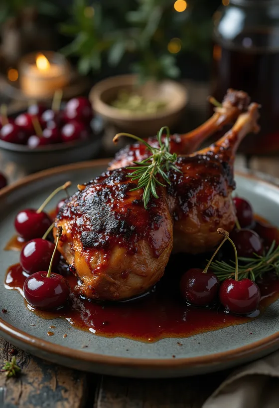 Roast wild duck with cherry glaze servit pe un platou cu ierburi proaspete