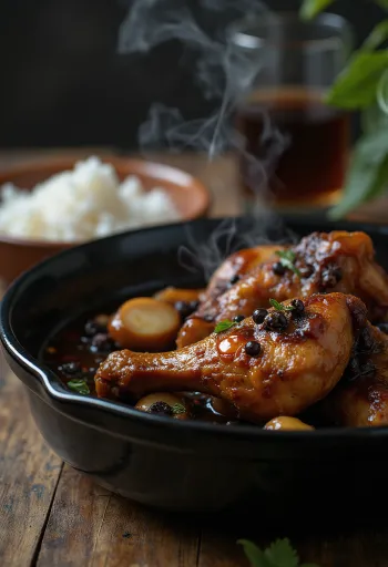 Adobo carne de pui, gătită în sos de soia, servită lângă orez