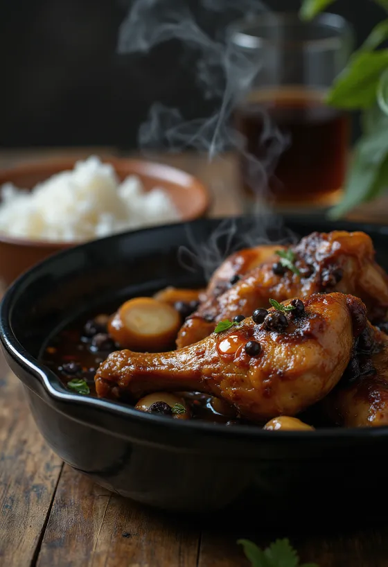 Adobo carne de pui, gătită în sos de soia, servită lângă orez