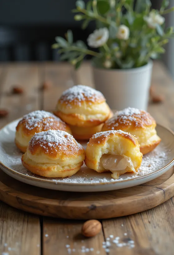 Æbleskiver cu umplutură de migdale, presărat cu zahăr pudră, servit într-un bol