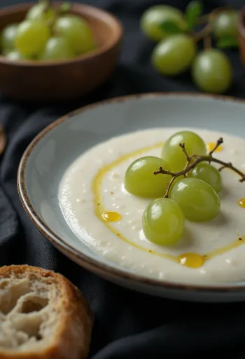 Ajo blanco cu ulei de măsline, ornat cu boabe proaspete de struguri.