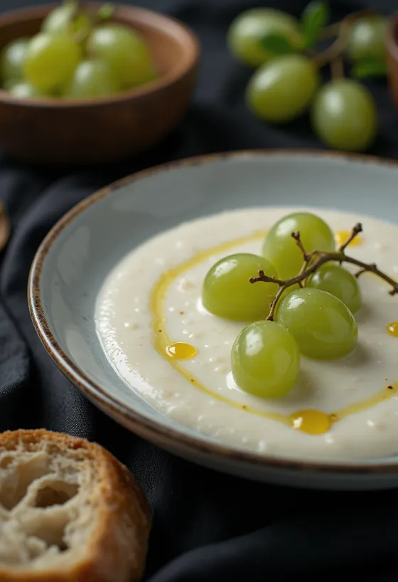 Ajo blanco cu ulei de măsline, ornat cu boabe proaspete de struguri.