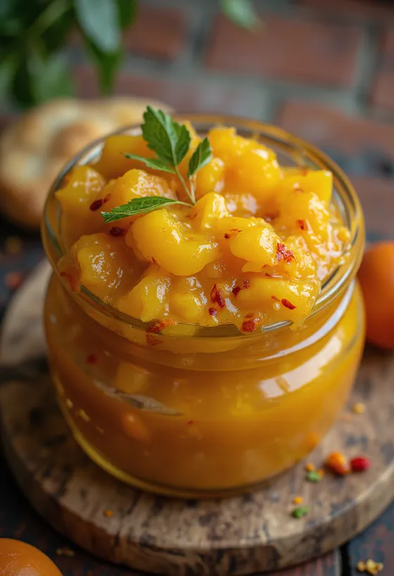 Chutney iute de mango servit cu pâine naan