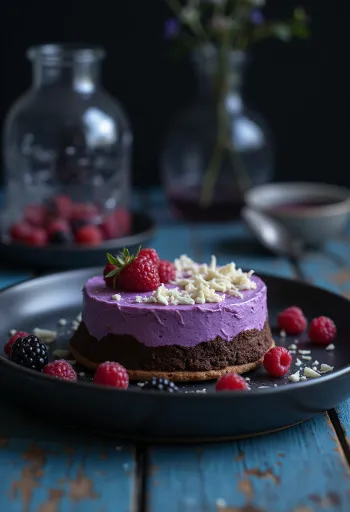 Tort de ciocolată cu spumă de fructe servit felii