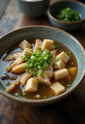 Supă Miso cu pui, conține tofu și alge wakame, servită cu gusturi bogate