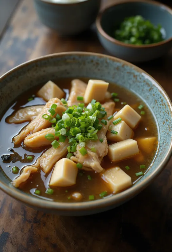 Supă Miso cu pui, conține tofu și alge wakame, servită cu gusturi bogate