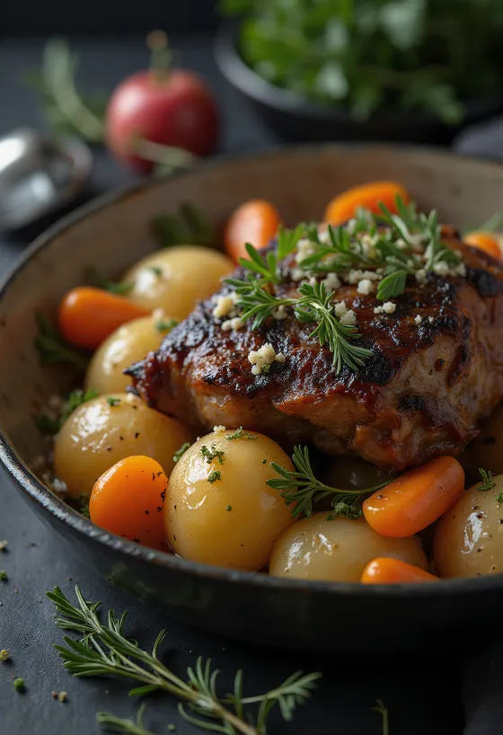 Carne de marmotă la cuptor servită cu legume rădăcinoase pe un platou.