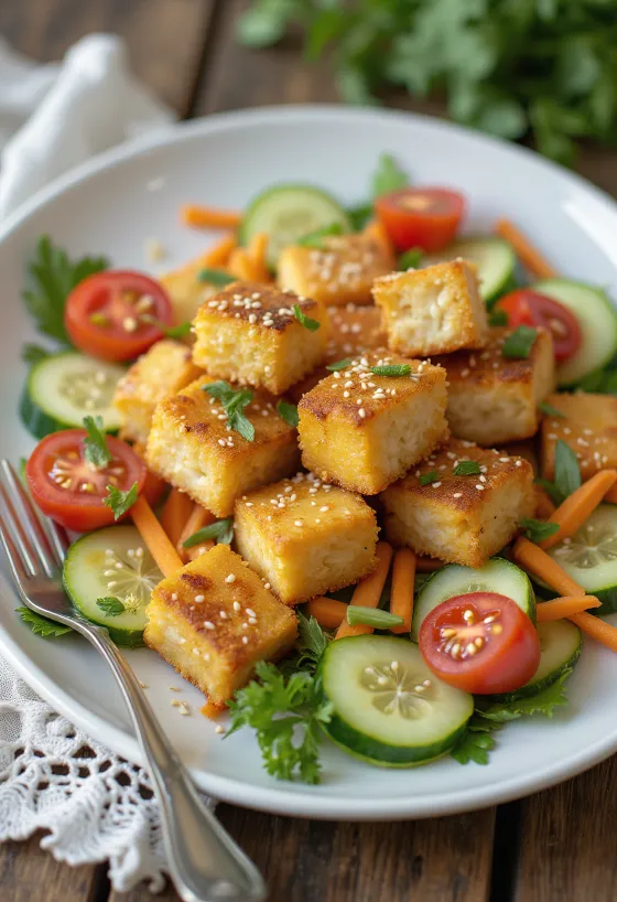 Tofu la cuptor servit cu salată de legume