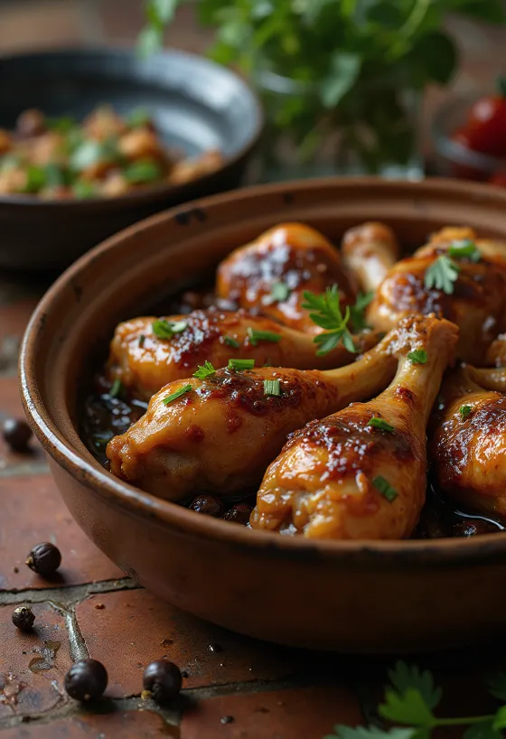 Adobo cu carne servit în sos de soia și vin alb decorat cu verdeață proaspătă