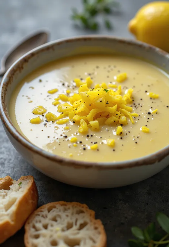 Avgolemono aromat cu coajă de lămâie servit proaspăt