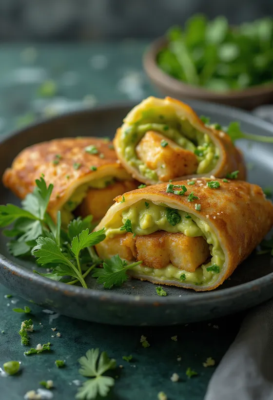 Wrap cu tofu prăjit și avocado servit pe farfurie