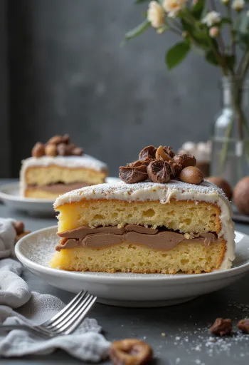 Tort cu castane tăiat felii, decorat cu ciocolată