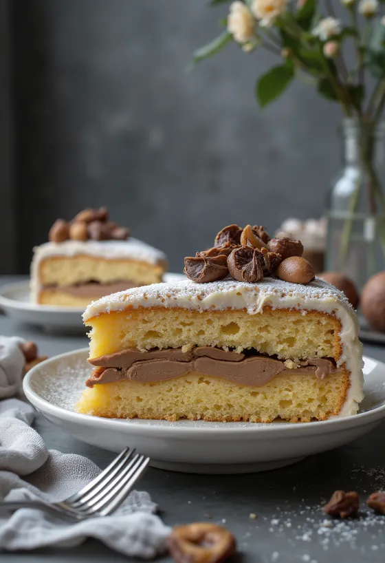 Tort cu castane tăiat felii, decorat cu ciocolată