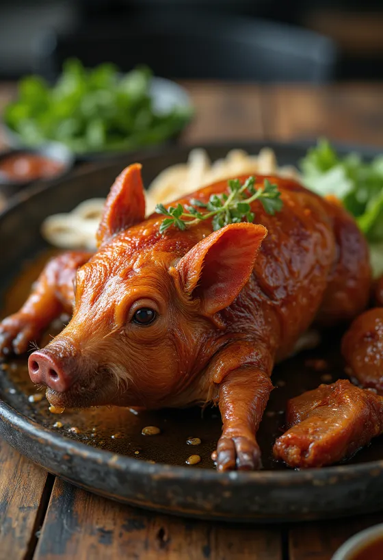 Lechon, purcel prăjit cu piele crocantă servit