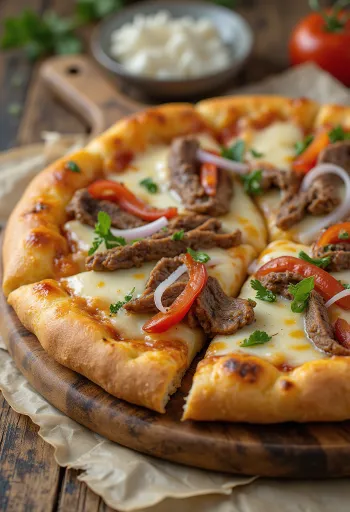 Pizza Philly cheesesteak cu felii de friptură și ardei