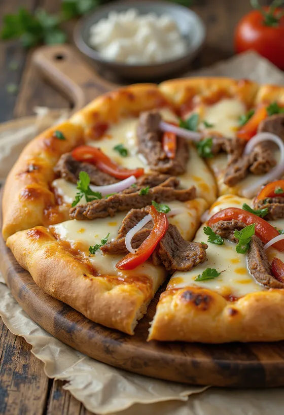 Pizza Philly cheesesteak cu felii de friptură și ardei