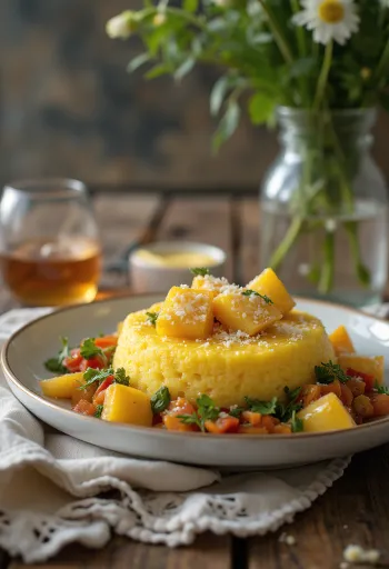 Polenta cu vinete coapte, decorată cu busuioc proaspăt