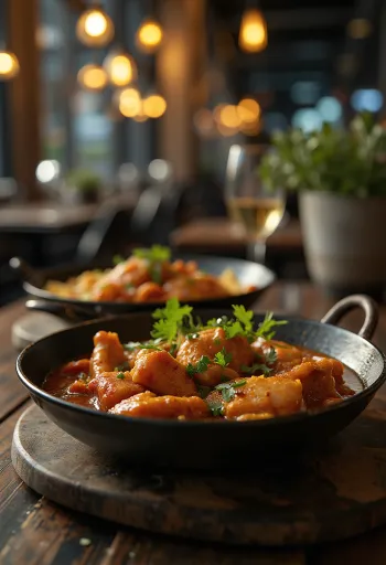 Adobo cu condimente tandoori, carne de pui servită cu coriandru proaspăt