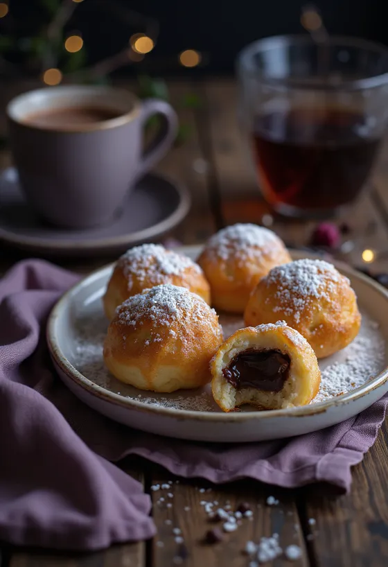 Æbleskiver proaspăt copt servit cu cremă de ciocolată și zahăr pudră