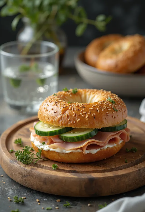 Bagel cu șuncă de curcan și cremă de brânză, ornat cu pătrunjel proaspăt
