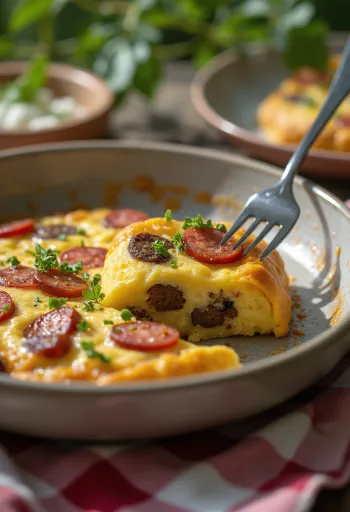 Black Pudding Frittata cu cârnați, servită cu cârnați prăjiți și ouă