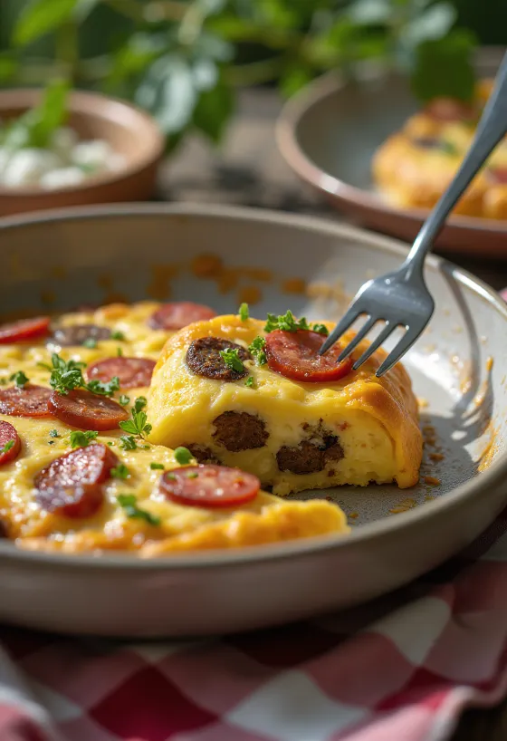 Black Pudding Frittata cu cârnați, servită cu cârnați prăjiți și ouă