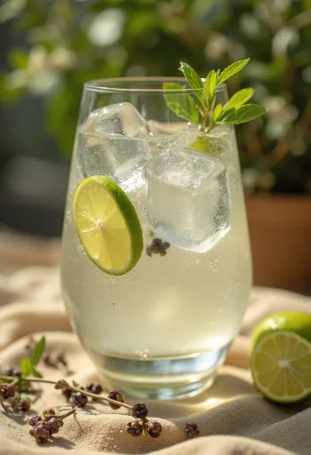 Gin Tonic decorat cu felii de lime și cuburi de gheață