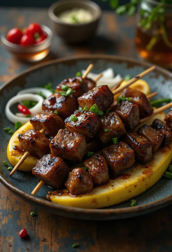 Satay de Capră, carne de capră la grătar în marinadă de unt de arahide