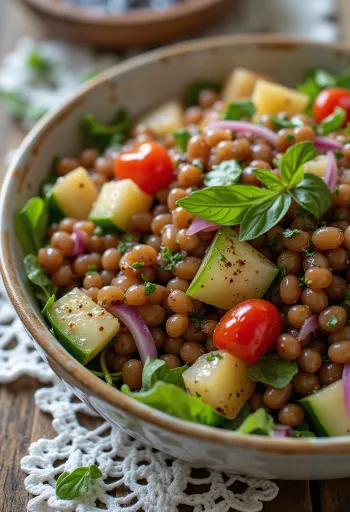 Salată de linte cu oțet balsamic și legume proaspete