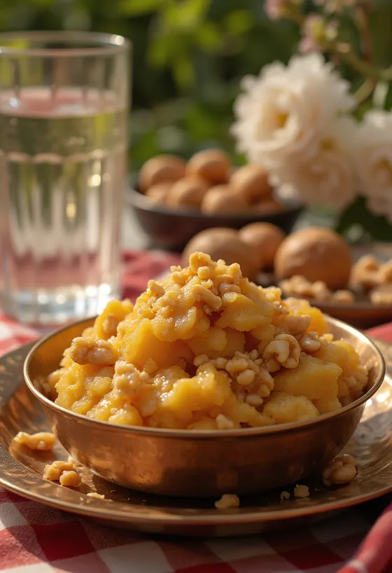 Aate ka Halwa cu arome bogate de condimente, nuci prăjite și apă de trandafiri.