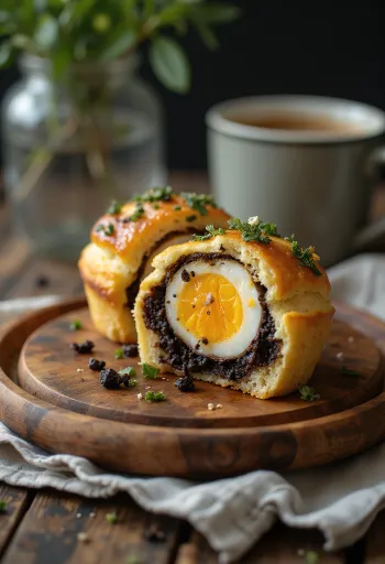 Black pudding brioșă cu ou, cu ou lucios deasupra