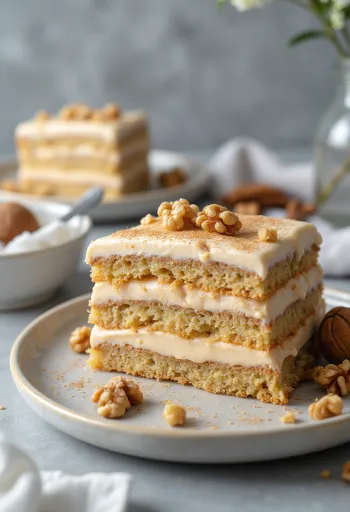 Tort cu scorțișoară și cremă de nuci servit