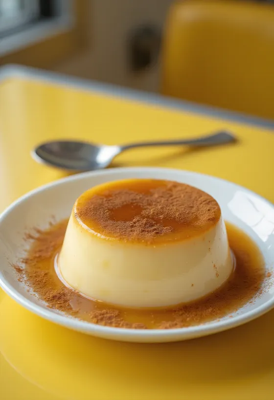 Flan cu scorțișoară servit pe o farfurie frumoasă