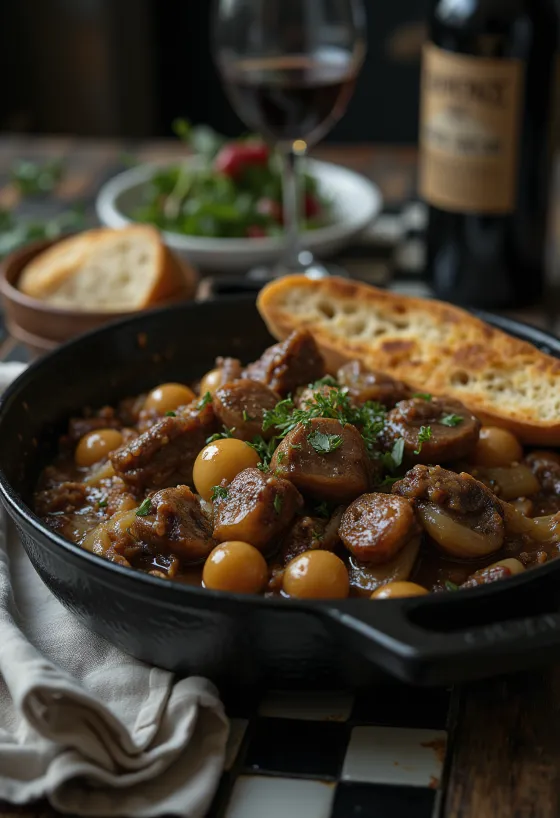 Vită Bourguignon, tocană de vită cu vin roșu servită cu legume înăbușite