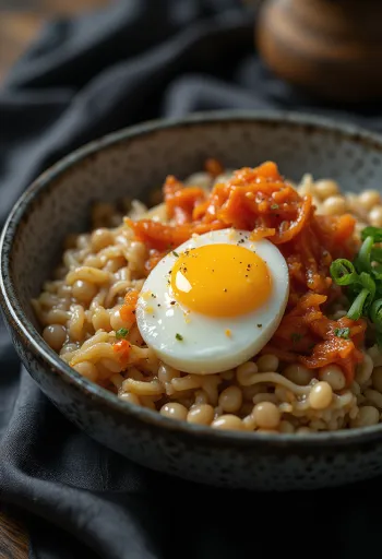 Nattō cu kimchi, servit cu ou moale și coriandru proaspăt