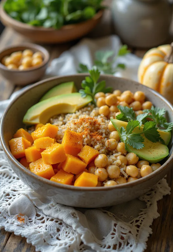 Buddha bowl cu dovleac, legume proaspete și quinoa
