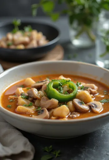 Supă haiducească Bakonyi servită cu legume bogate și carne afumată