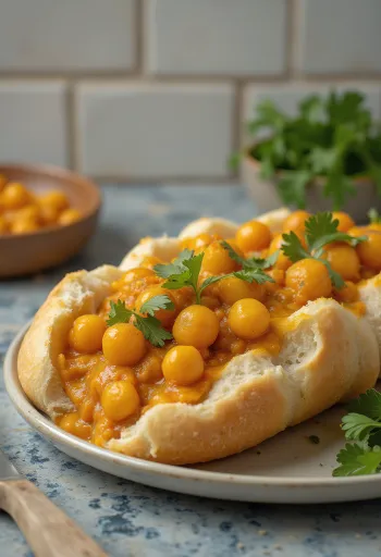 Bunny chow cu năut servit în pâine, decorat cu coriandru