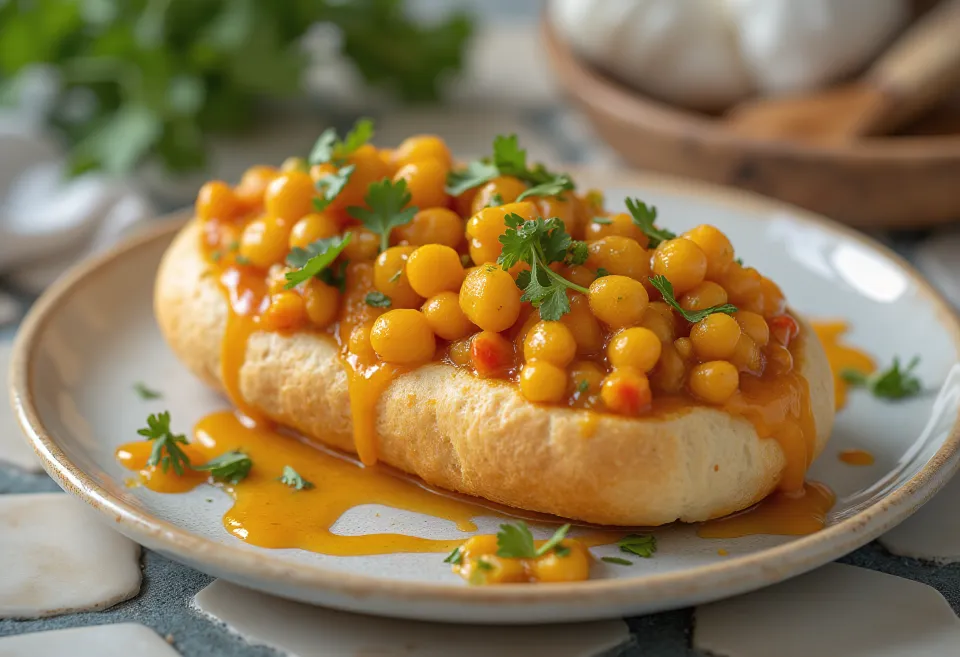 Bunny chow cu năut servit în pâine, decorat cu coriandru