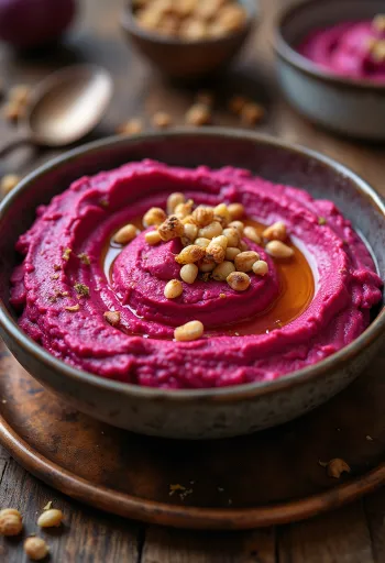Hummus cu sfeclă roșie decorat cu pătrunjel proaspăt