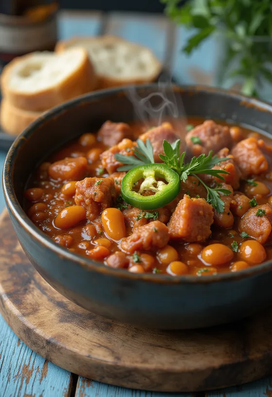 Gulaș de fasole tradițional maghiar servit bogat cu legume și bucăți de carne, decorat cu smântână și pătrunjel
