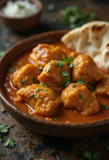 Pui tikka masala în sos cremos de roșii, decorat cu coriandru proaspăt